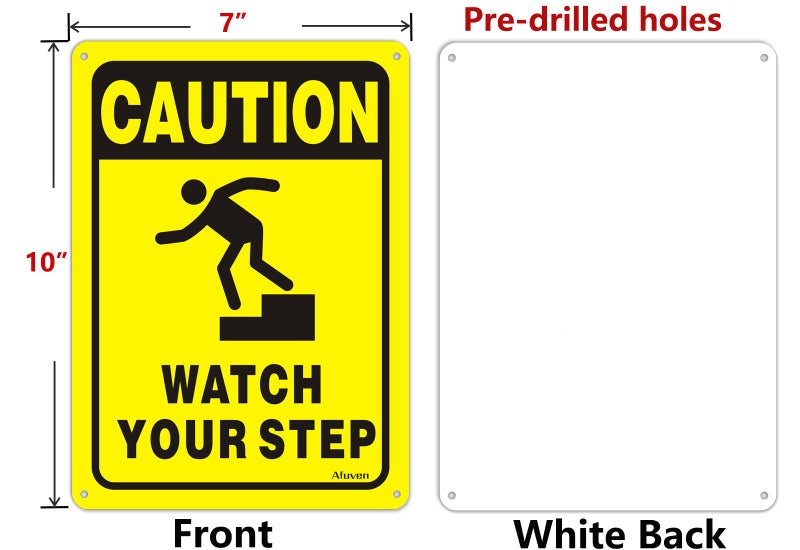 Afuven Caution Watch Your Step Signs 10" x 7" Metal for Stairs Workplace Home Business Safety Wet Floor Caution,Help Prevent Public Areas Indoor Outdoor Falls Sign Rust Free Aluminum Outdoor Use 2 Pack - Image 2
